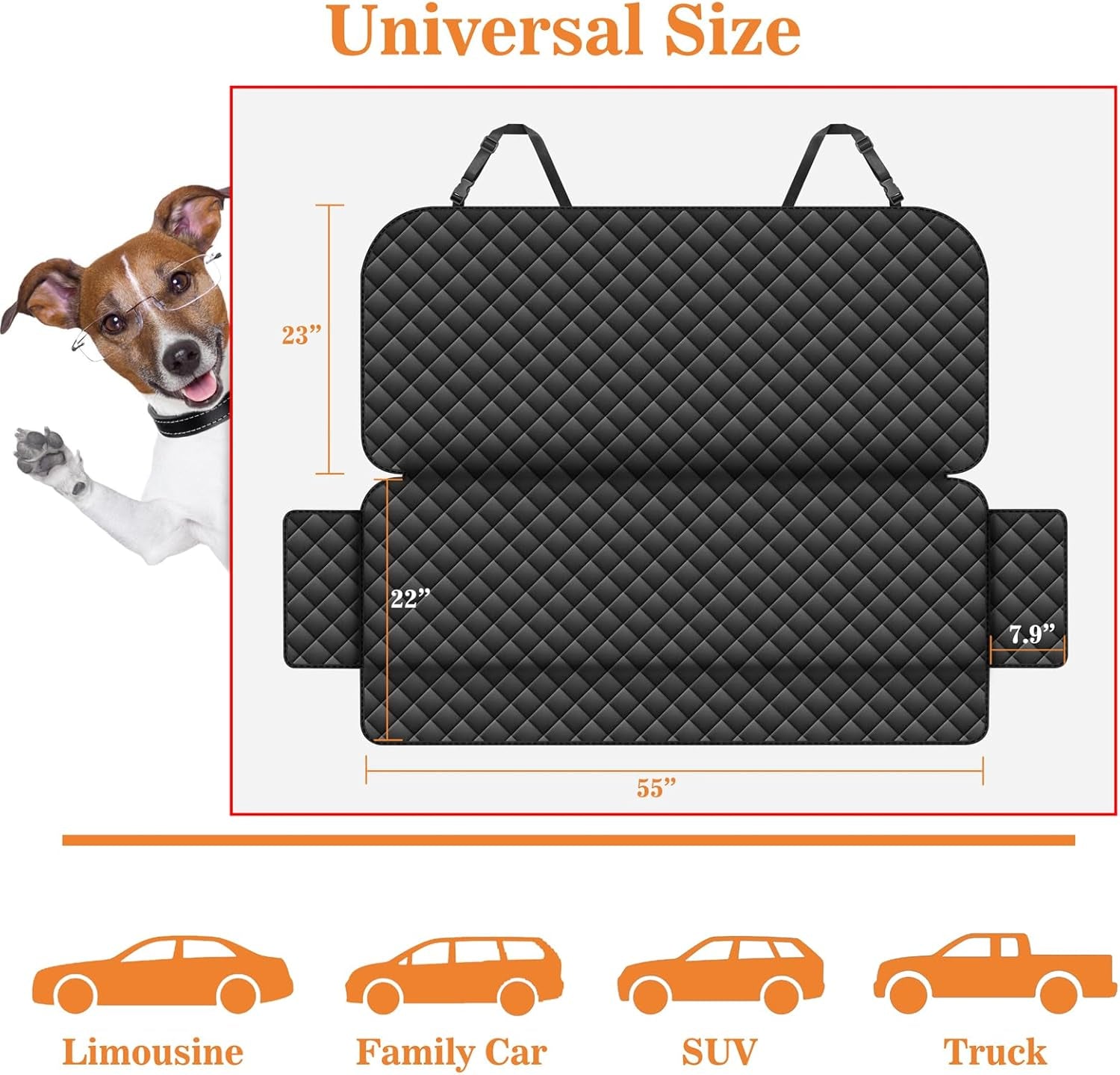 Dog Car Seat Cover for Back Seat, Waterproof Dog Seat Cover with Non-Slip Backing, Side Flap Full Protection for Car Seat, Universal Size, Fits Cars, Trucks, SUV (Black)